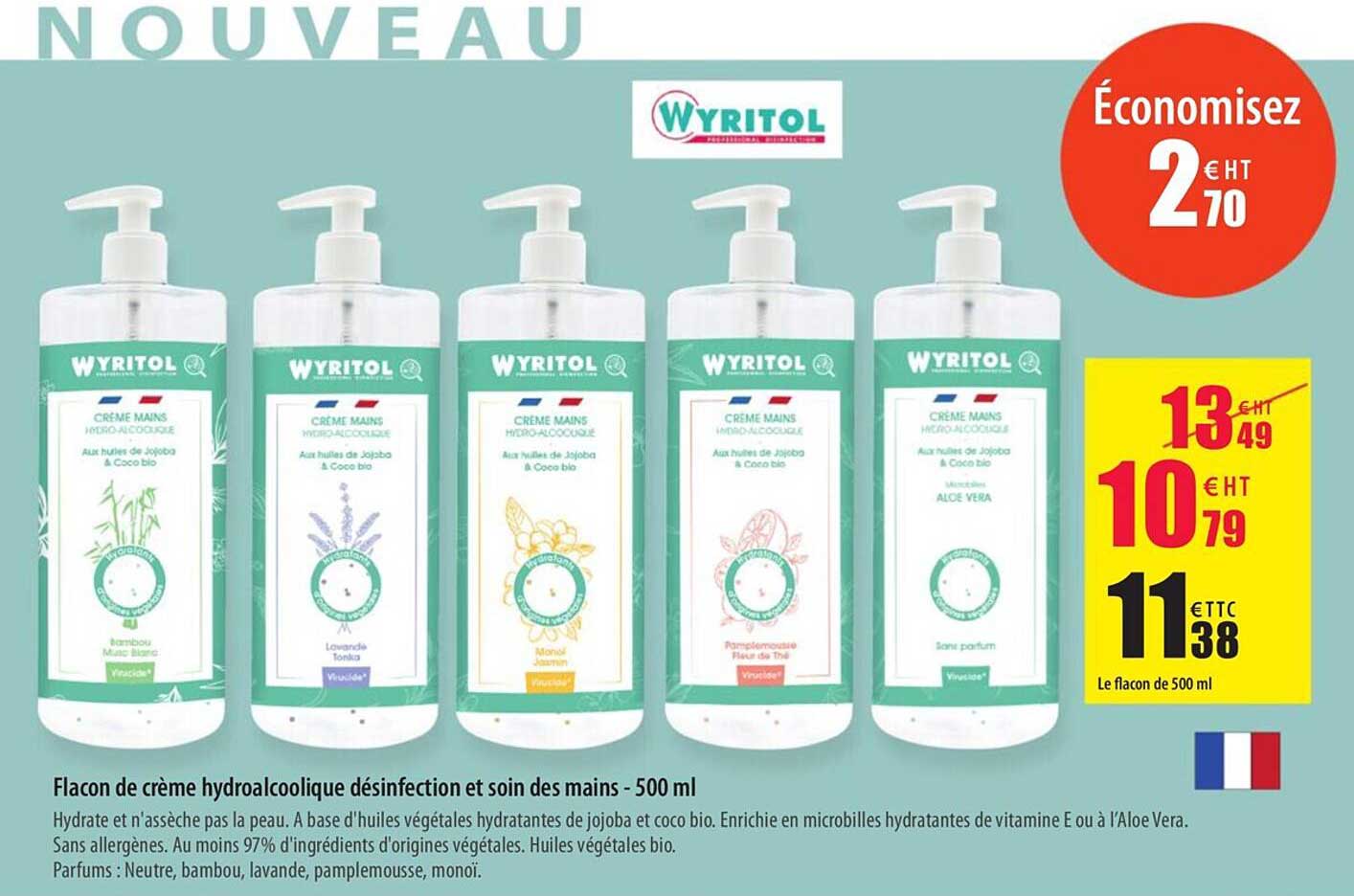 flacon de crème hydroalcoolique désinfection et soin des mains wyritol, 500 ml