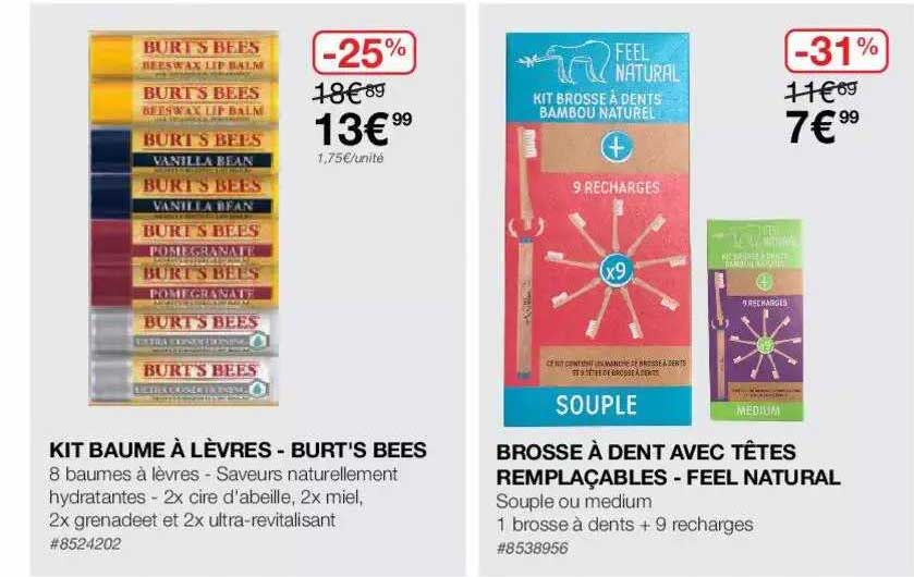 kit baume à lèvres - burt's bees, brosse à dent avec têtes remplaçables - feel natural