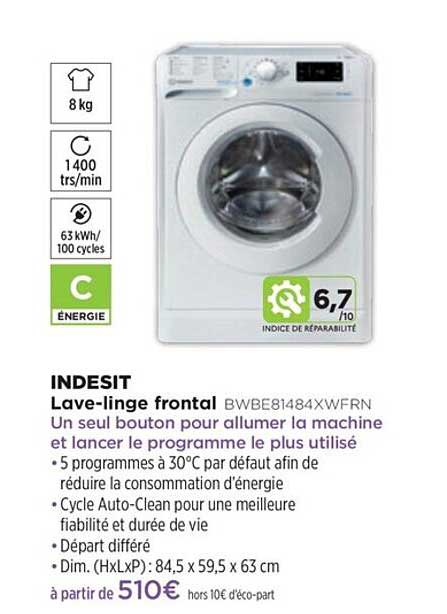 lave-linge frontal indesit bwbe81484wxfrn