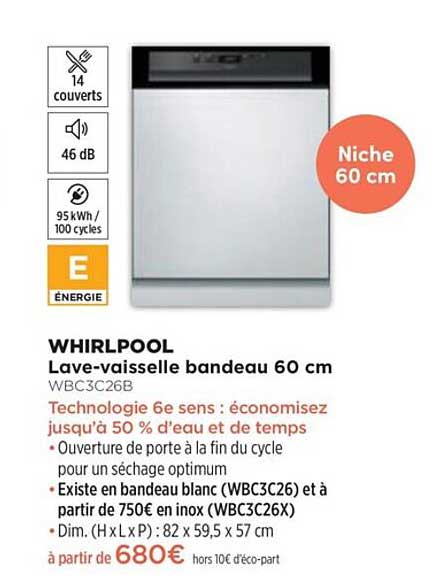 Lave-vaisselle Bandeau 60 Cm Whirlpool Wbc3c26b