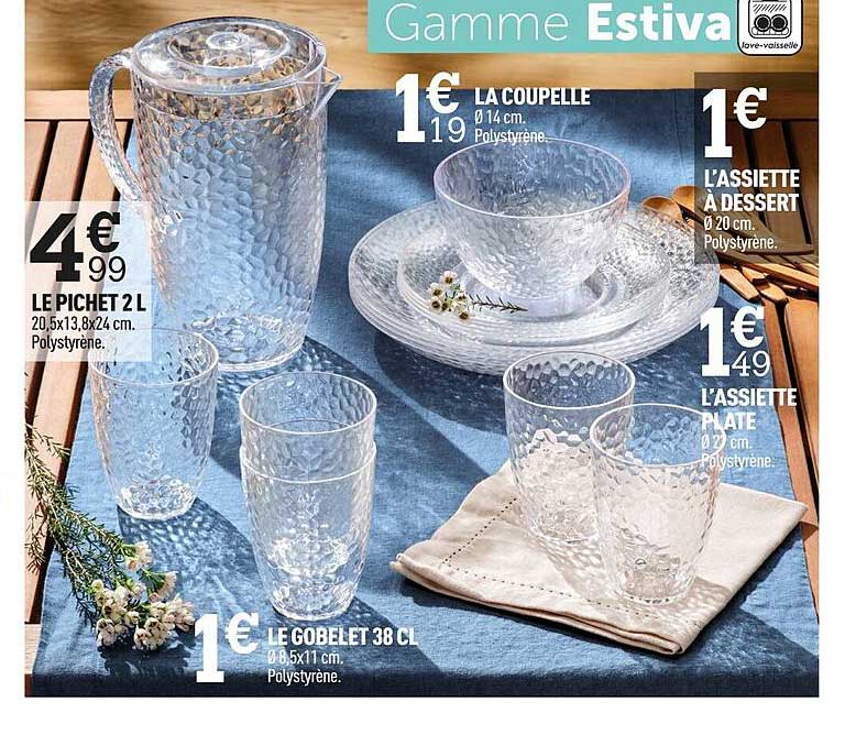 le pichet 2l, le gobelet 38cl, l'assiette à dessert, l'assiette plate, la coupelle