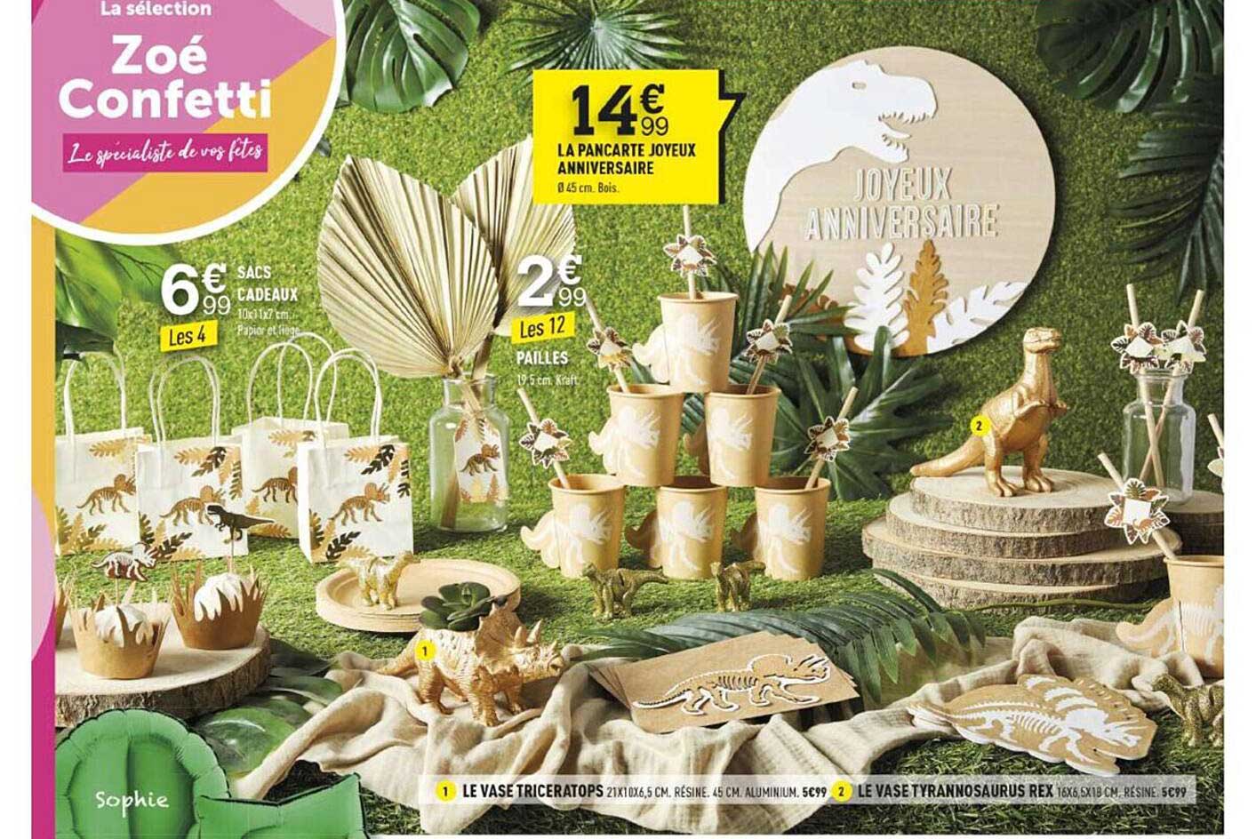 le vase triceratops, le vase tyrannosaurus rex, sacs cadeaux, pailles, pancarte joyeux anniversaire