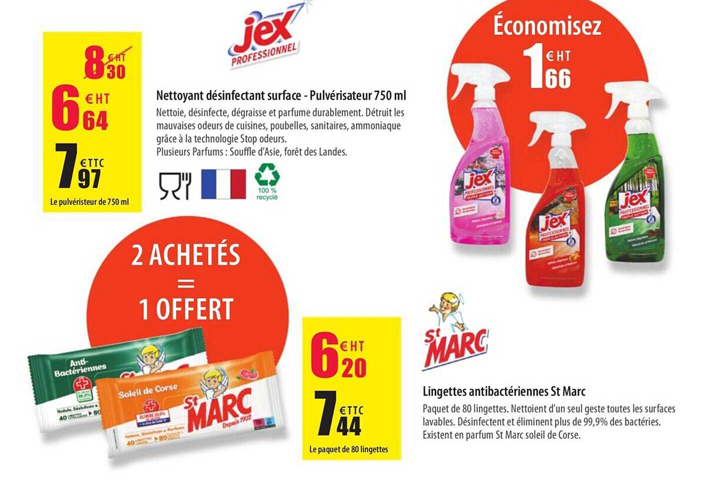 nettoyant désinfectant surface - pulvérisateur 750 ml jex professionnel, lingettes antibatériennes St Marc