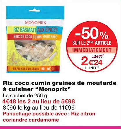 riz coco cumin graines de moutarde à cuisiner "monoprix"