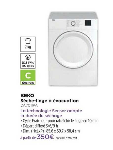 sèche-linge à évacuation beko da7011pa