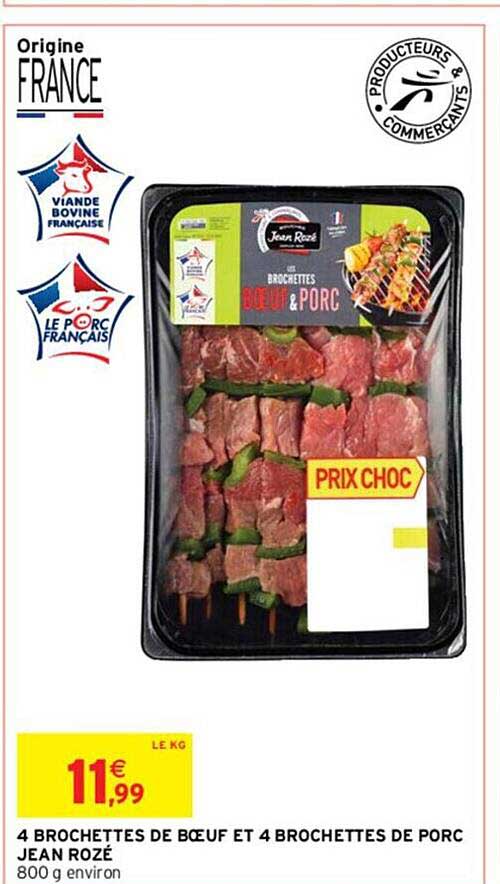 4 brochettes de bœuf et 4 brochettes de porc jean rozé
