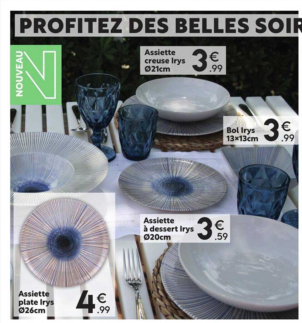 assiette plate irys ø26 cm, assiette à dessert irys ø20 cm, bol irys 13 x 13 cm, assiette creusé irys ø21 cm