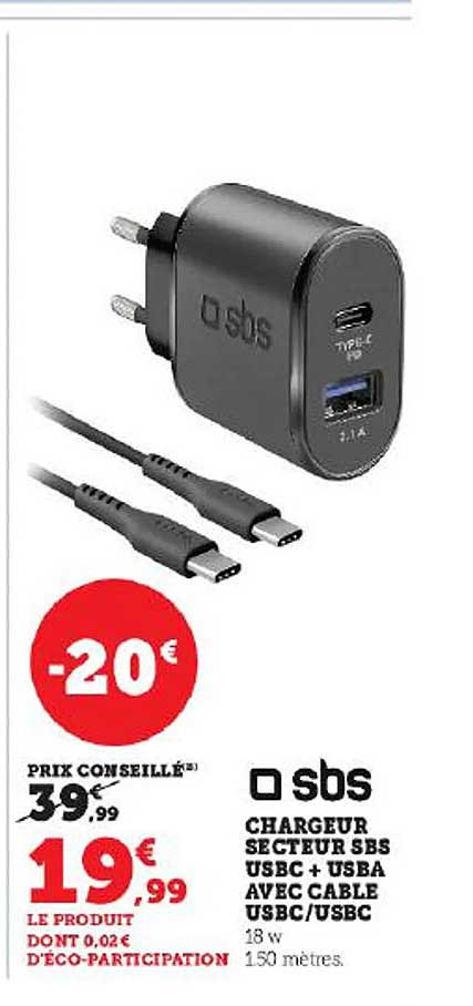 chargeur secteur sbs usbc + usba avec câble usbc-usbc
