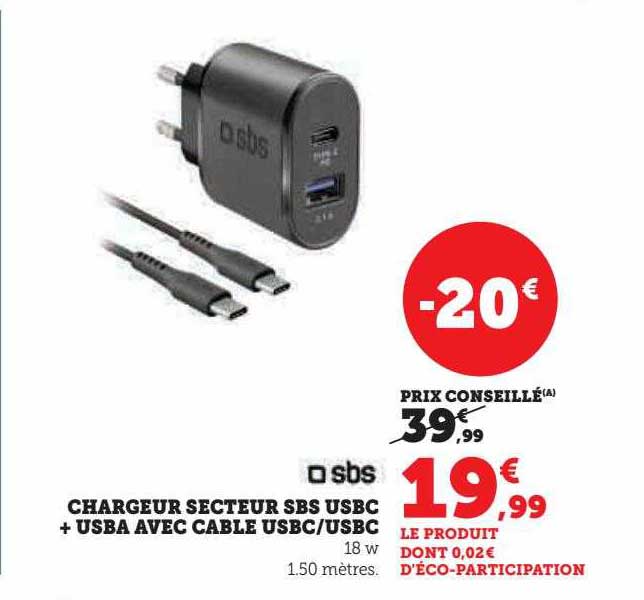 chargeur secteur sbs usbc + usba avec câble usbc-usbc
