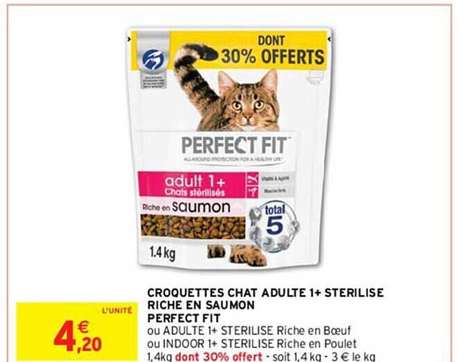 croquettes chat adulte 1+ stérilisé riche en saumon perfect fit