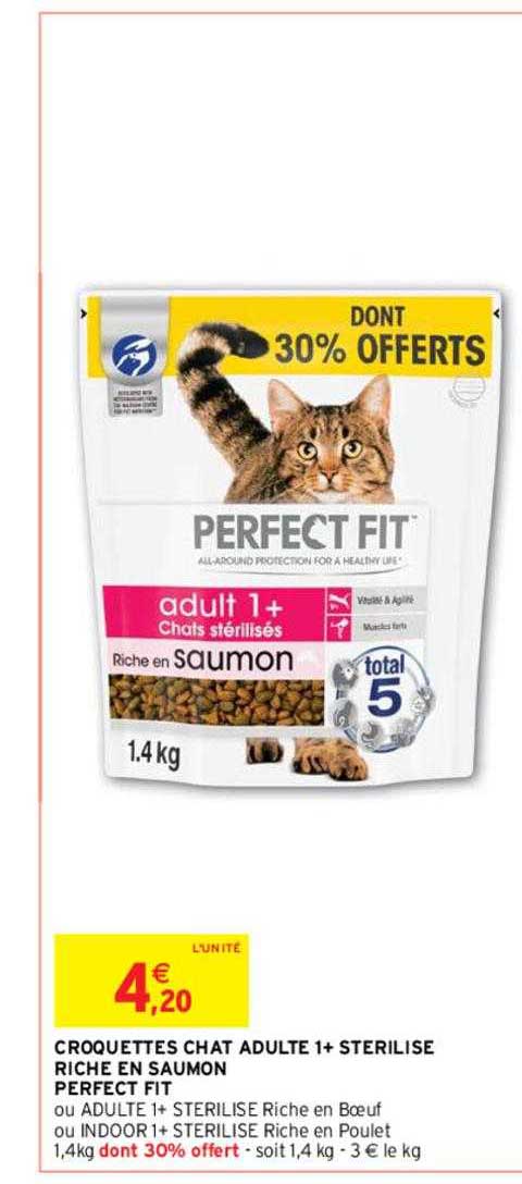 croquettes chat adulte 1+ stérilisé riche en saumon perfect fit