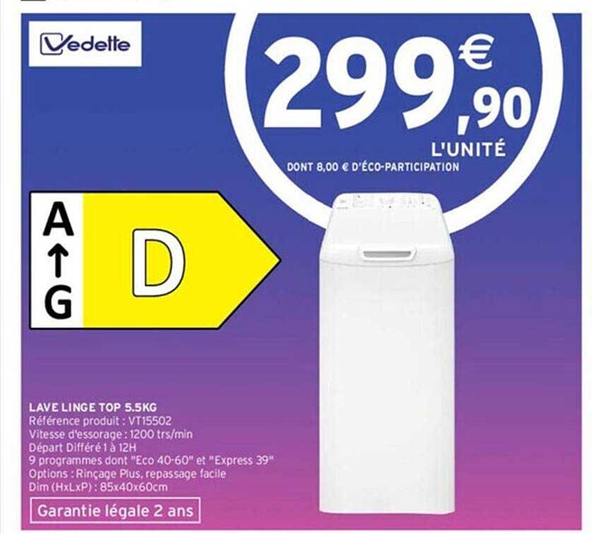 lave linge top 5.5 kg vedette