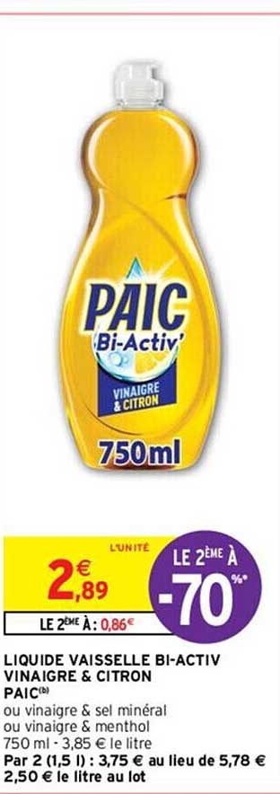 Liquide Vaisselle Bi-activ Vinaigre & Citron Paic