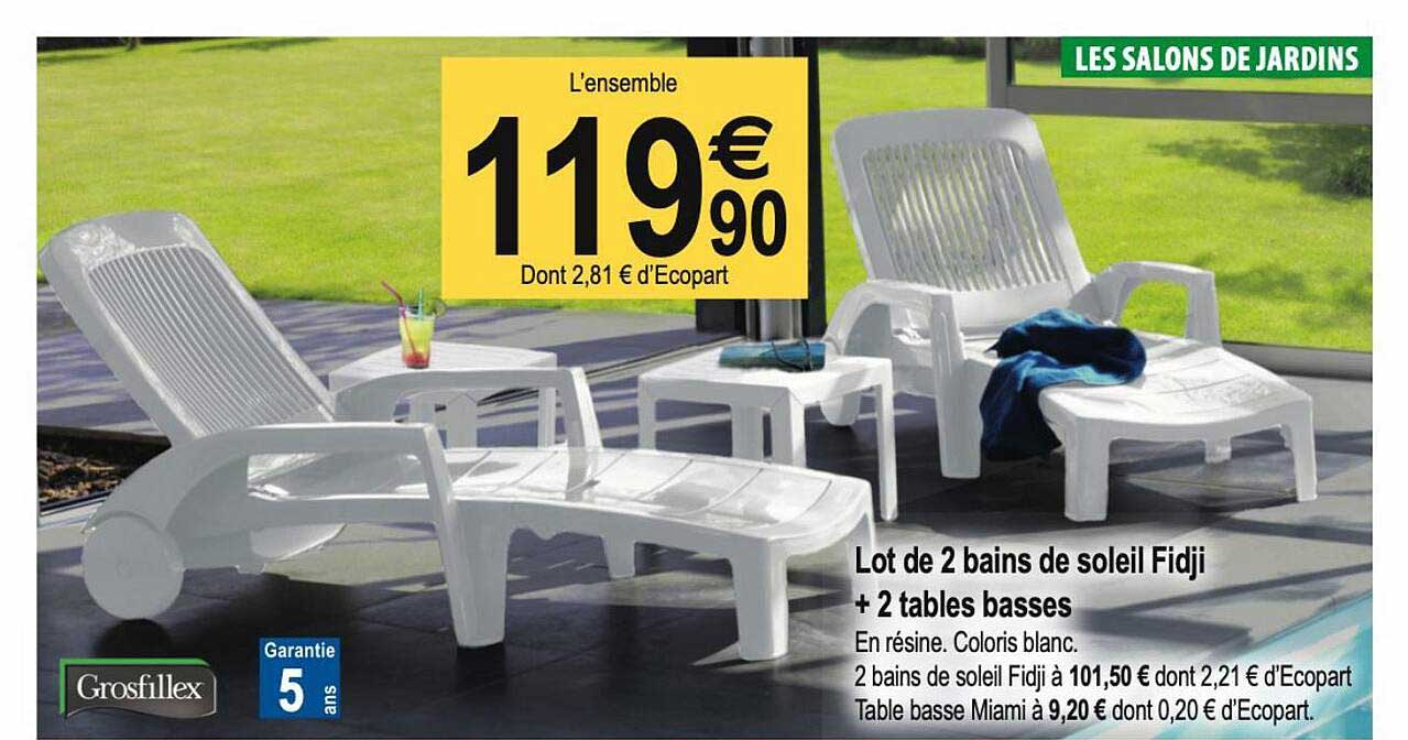 lot de 2 bains de soleil fidji + 2 tables basses grosfillex