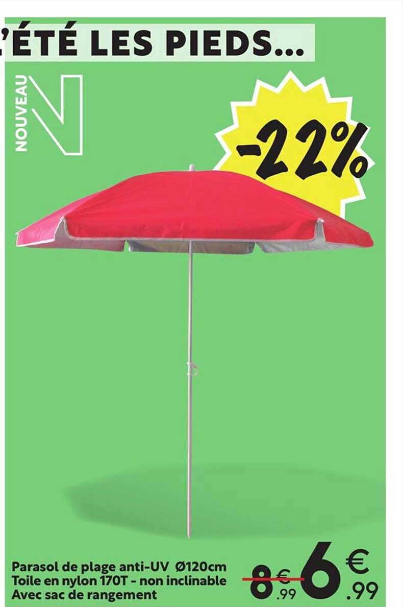 parasol de plage anti-uv ø120 cm toile en nylon 170t - non inclinable avec sac de rangement