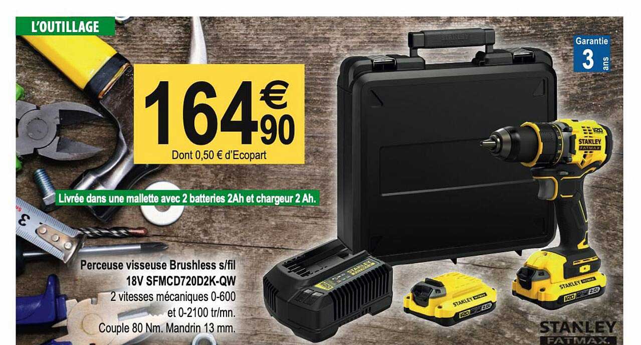 Perceuse Visseuse Brushless S-fil 18v Smfcd720d2k-qw Stanley