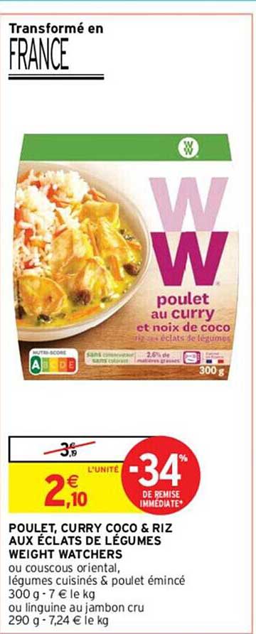 poulet, curry coco & riz aux éclats de légumes weight watchers