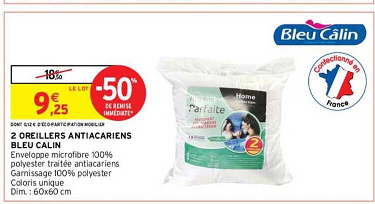 2 Oreillers Antiacariens Bleu Calin