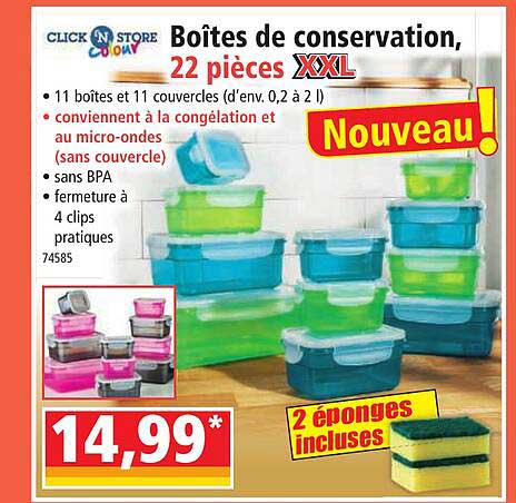 boîtes de conservation, 22 pièces xxl click 'n store colour