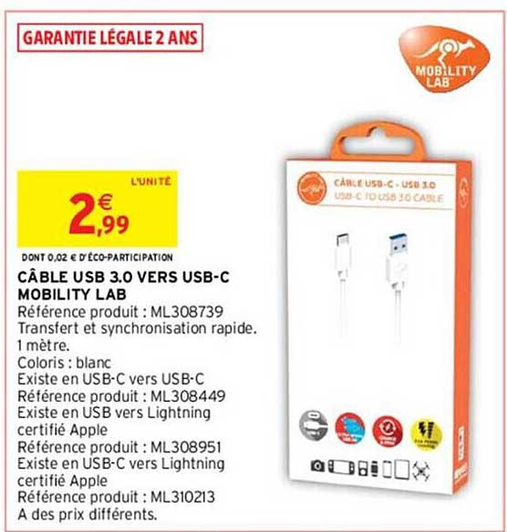 câble usb 3.0 vers usb-c mobility lab
