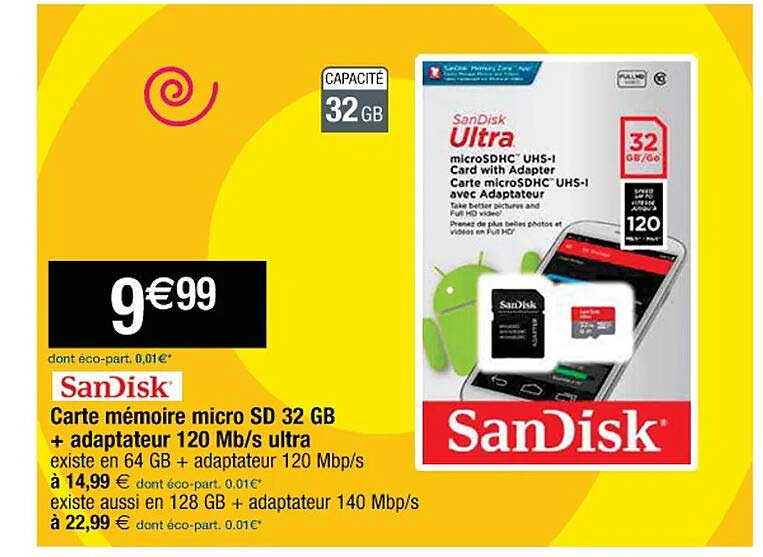 carte mémoire micro sd 32gb + adaptateur 120 mb-s ultra sandisk