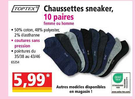 chaussettes sneaker, 10 paires femme ou homme toptex
