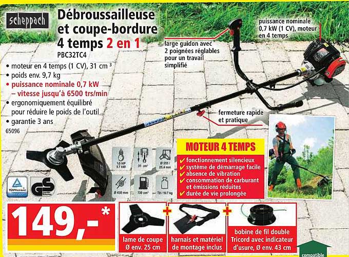 débroussailleuse et coupe-bordure 4 temps 2 en 1 scheppach
