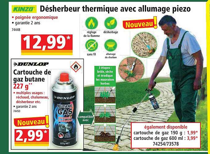 désherbeur thermique avec allumage piezo kinzo, cartouche de gaz butane dunlop
