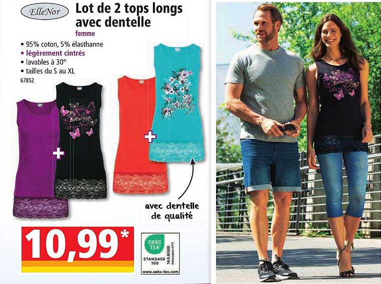 lot de 2 tops longs avec dentelle femme elleNor
