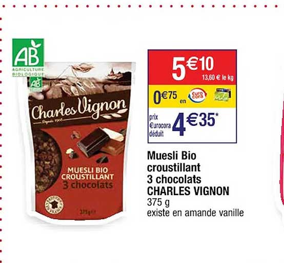 muesli bio croustillant 3 chocolats charles vignon