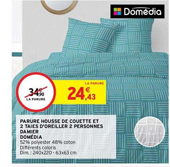 parure housse de couette et 2 taies d'oreiller 2 personnes damier domédia