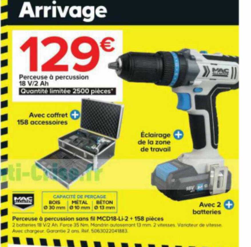 perceuse à percussion sans fil mcd18-li 2 18v + 158 pièces mac allister