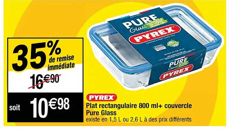 plat rectangulaire 800ml + couvercle pure glass pyrex