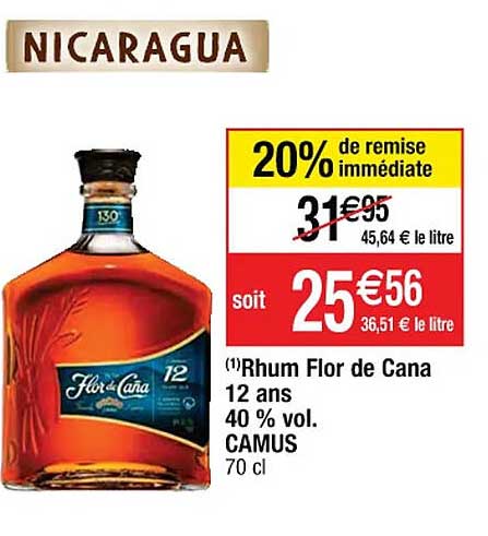 rhum flor de cana 12 ans 40% vol. camus