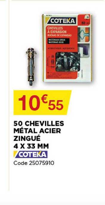 50 cheville métal acier zingué 4 x 33 mm coteka