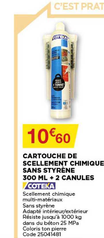 cartouche de scellement chimique sans styrène 300 ml + 2 canules coteka