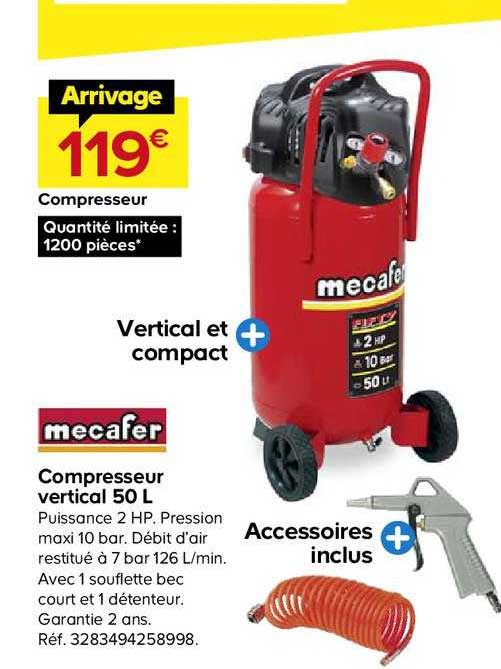 Compresseur Vertical 2 Hp 50 Litres Mecafer