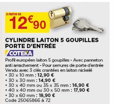 cylindre laiton 5 goupilles porte d'entrée coteka