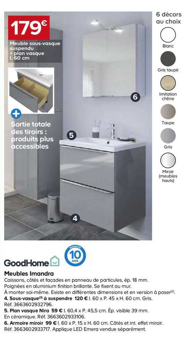 meubles imandra sous vasque suspendu + plan vasque 60 cm goodhome