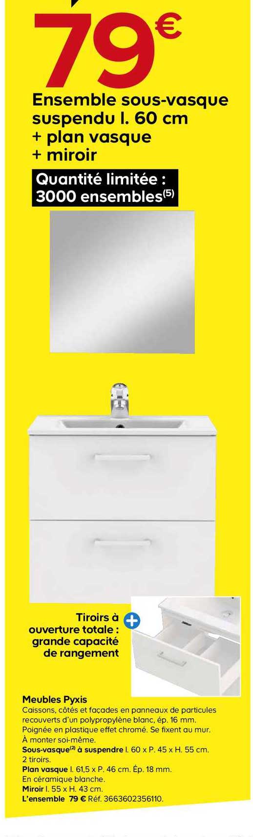 meubles pyxis ensemble sous vasque suspendu 60 cm + plan vasque + miroir