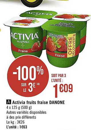 activia fruits fraise danone -100% sur le 3ème