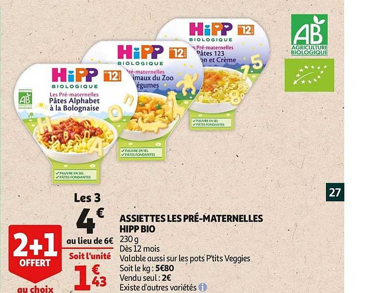 assiettes les pré maternelles hipp bio 2 +1 offert au choix