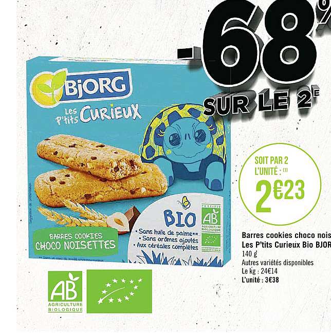 barres cookies choco mois les p'tits curieux bio bjorg -68% sur le 2e
