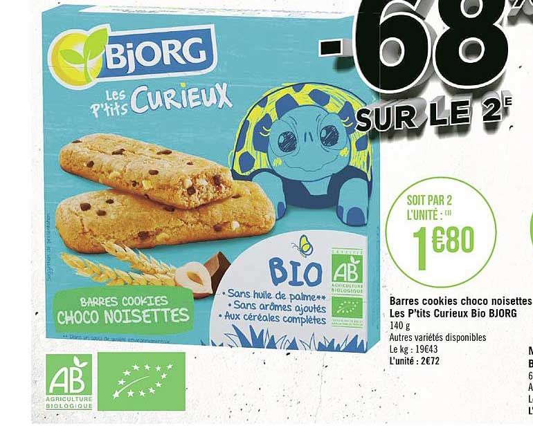 barres cookies choco noisettes les p'tits curieux bio bjorg -68% sur le 2e
