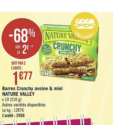 barres crunchy avoine & miel nature valley -68% sur le 2e