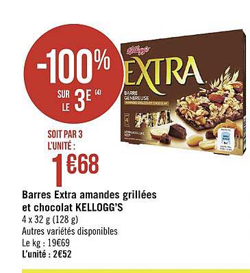 Barres Extra Amandes Grillées Et Chocolat Kellogg's -100% Sur Le 3e