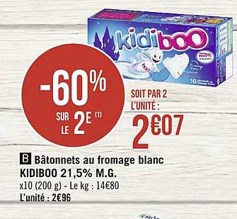 bâtonnets au fromage blanc kidiboo 21.5% m.g. -60% sur le 2e