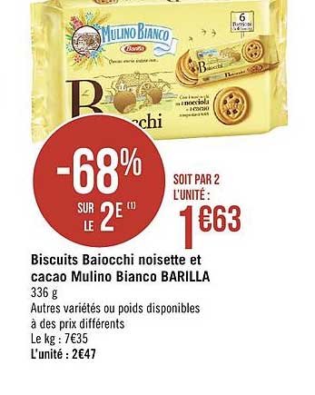 biscuits baiocchi noisette et cacao mulino bianco barilla -68% sur le 2e