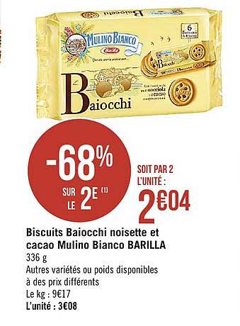 biscuits biacchi noisette et cacao mulino bianco barilla -68% sur le 2e