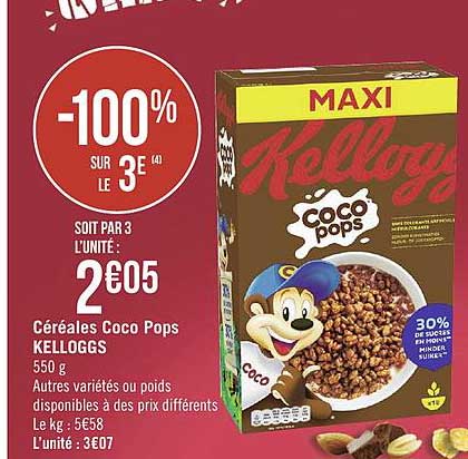 céréales coco pops kelloggs -100% sur le 3e
